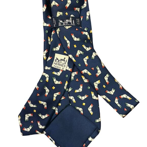 Hermès 5004 EA Navy Blue 100% Silk Boomerang Print Necktie Made in France - Picture 5 of 8